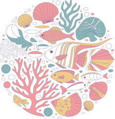 Naklejka premium Colorful Tropical Fish and Coral Reef Elements Arranged in Circular Pattern Stylized Illustration