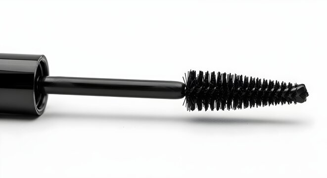 Close up of black mascara wand with bristles on white background ideal for beauty product advertising and makeup tutorials