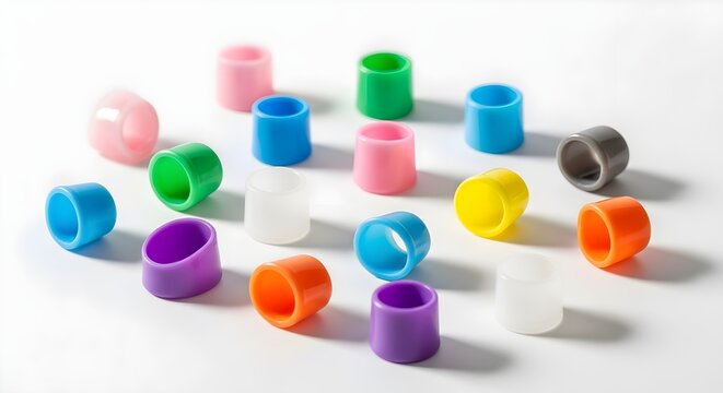 Collection of colorful plastic cups on white background for party decoration and tableware