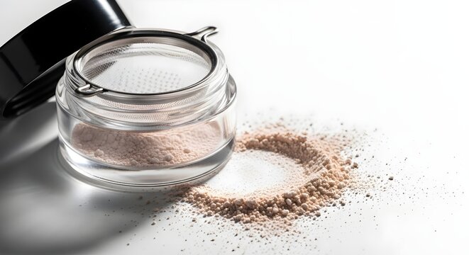 Glass jar with beige powder and metal sifter on white background with scattered powder around ideal for beauty product advertising and cosmetic branding with natural light and shadows