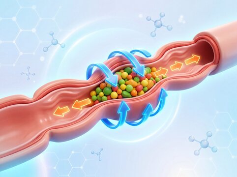 Gastrointestinal tract illustration depicting the passage of food particles through the digestive system