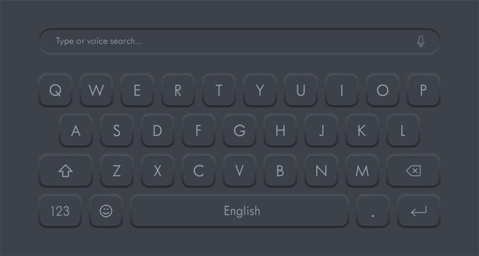 Dark theme smartphone virtual keyboard layout with voice search bar. Vector illustration