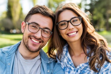 Fototapeta premium Happy young couple wearing glasses smiling outdoors