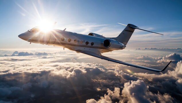 A sleek private jet flies above a sea of clouds with the sun shining brightly, showcasing a stunning aerial view and clear blue sky.