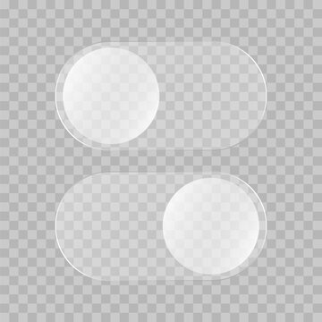 Liquid transparent glass toggle on and off buttons, user interface futuristic ui icons. Vector illustration