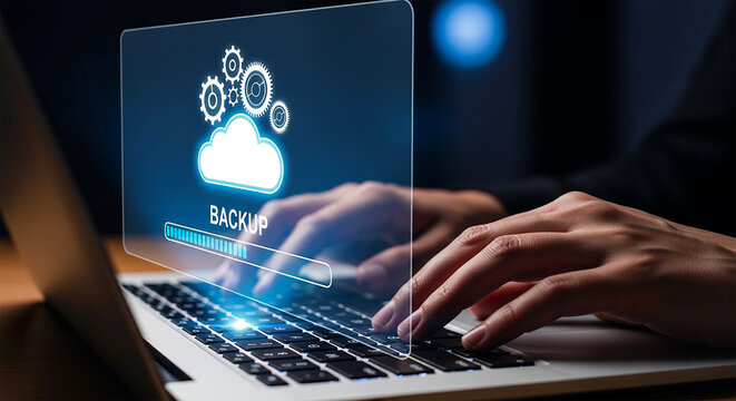 Cloud Backup: Close-up of hands diligently typing on a laptop, a virtual cloud with gears overlaying the screen, symbolizes data backup and the security of digital information in the cloud. 