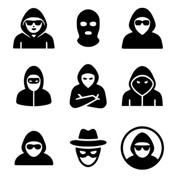 Criminal Personas - Icons of suspicious characters including burglars in masks, hooded hackers, and men in hats and glasses.