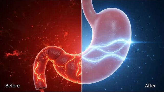 Digestive system health before and after, stomach discomfort, gastritis, ulcer healing, and reflux relief visualization, showing inflamed and calm states