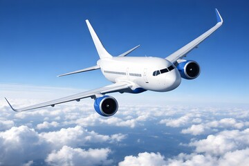 Obraz premium A white commercial airplane with blue engines flies high above a thick layer of white clouds against a bright blue sky.