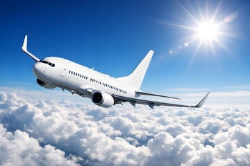 Obraz premium A white commercial airplane soars through a bright blue sky above fluffy white clouds, with the sun shining brightly in the corner.