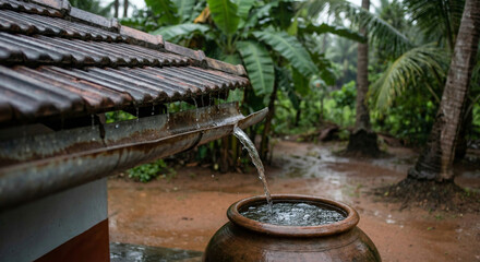 Naklejka premium Rainwater harvesting in Kerala village with clay pot during monsoon