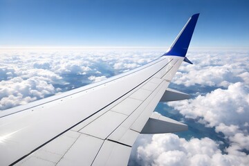 Obraz premium An airplane wing soars above a vast layer of fluffy white clouds against a bright blue sky, capturing the essence of high-altitude air travel.