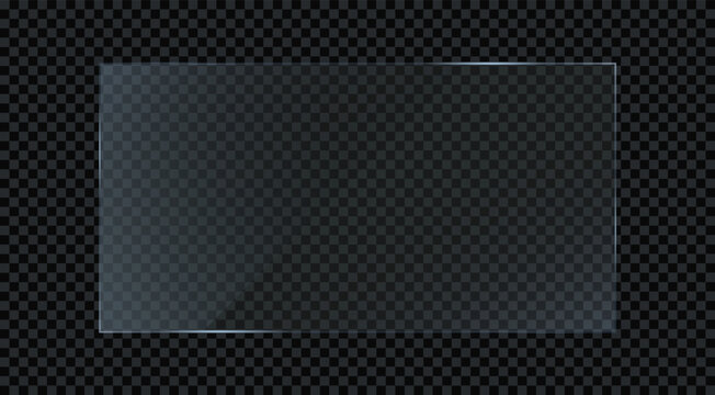 Rectangle glass plate frame design on dark transparent background. Decorative mockup template vector illustration