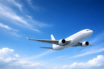 Naklejka premium A large white passenger airplane climbs steeply into a bright blue sky filled with wispy and fluffy white clouds.