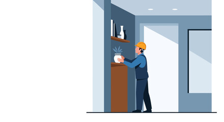 Fototapeta premium Professional Handyman in Hard Hat Placing Decor on Shelf in Modern Interior - Home Renovation and Maintenance Vector Illustration