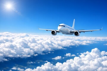 Fototapeta premium A large white commercial airplane soaring through a brilliant blue sky high above a dense layer of fluffy white clouds with the sun shining brightly.