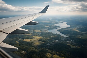 Obraz premium Aerial view from an airplane window showing the wing soaring over a lush landscape with a winding river and scattered white clouds.