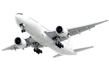 Fototapeta premium A white commercial airplane captured from a low angle against a black background, highlighting its engines and landing gear.