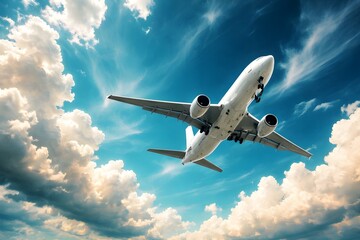 Fototapeta premium A white commercial airplane soaring through a bright blue sky filled with majestic cumulus and cirrus clouds, seen from a low angle.