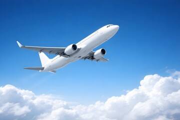 Obraz premium A sleek white commercial airplane climbing steeply through a brilliant blue sky, hovering above a soft layer of white clouds.