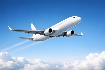 Obraz premium A white passenger jet soaring through a vibrant blue sky above a layer of fluffy white clouds, capturing the essence of air travel and aviation.