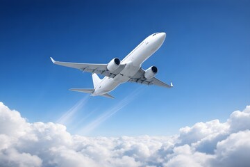 Obraz premium A large white passenger airplane soars high above a blanket of fluffy white clouds against a clear, deep blue sky.