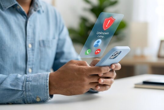 Person rejecting an incoming call labeled as unknown caller on a smartphone