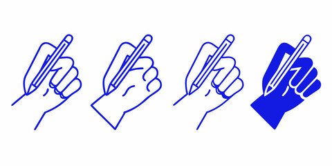 Obraz premium Four blue line drawings depicting hands holding pencils or pens