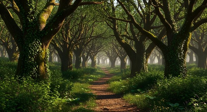 Enchanted forest path through ancient oak trees, mystical woodland trail with mossy bark, ethereal green forest landscape with soft morning light