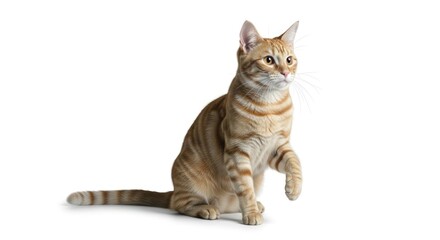 Orange tabby cat sitting on white background feline striped