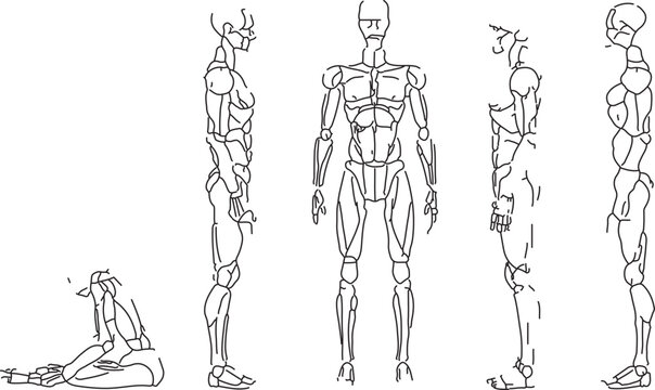 Futuristic robot character sheet with multiple views, mechanical android body line art vector, sci-fi cyborg orthographic drawing for game development