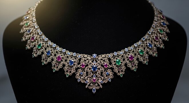 Ornate silver necklace with colorful gemstones displayed on a black bust form jewelry