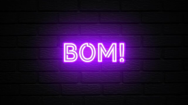 Purple Neon Bom! text animation. Glowing Bom looping motion. flicker text 4k video.