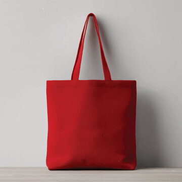 A red tote bag on a gray surface