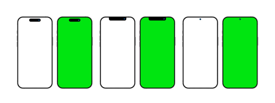 Realistic green screen mobile phone devices with different front camera layouts. Mobile phone blank display mockup template set vector illustration