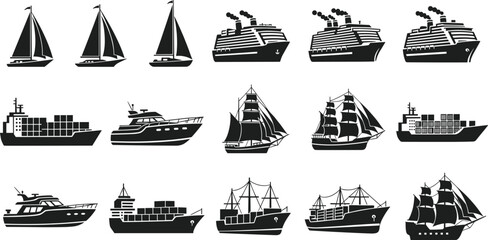 Flat vector illustration of ships and boats set, cargo cruise sailing vessels silhouettes, maritime transport collection nautical sea travel icons © Anamul Arafat