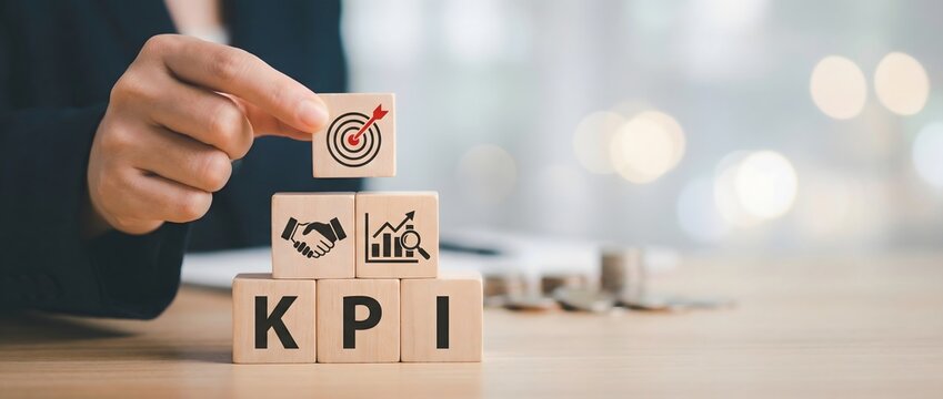 Businessperson placing a target block on top of blocks labeled kpi