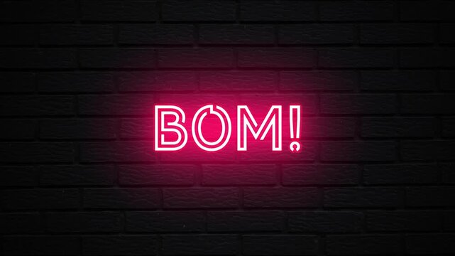 Pink Neon Bom! text animation. Glowing Bom looping motion. flicker text 4k video.