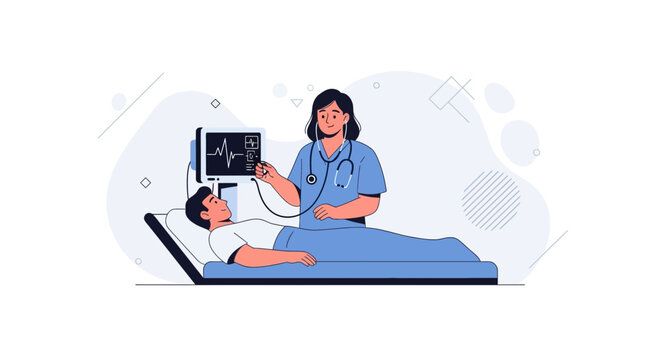 Nurse examining patient with heart monitor, medical checkup, healthcare concept
