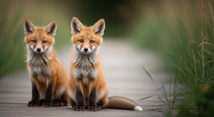 Fototapeta premium Two red fox kits sitting on wooden path with grass baby foxes orange fur white fur