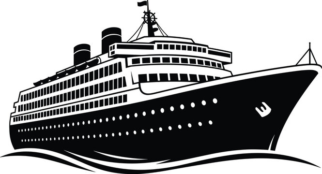 Large cruise ship ocean liner sailing waves, maritime travel vessel illustration, passenger ship graphic design, nautical transport icon, flat vector illustration