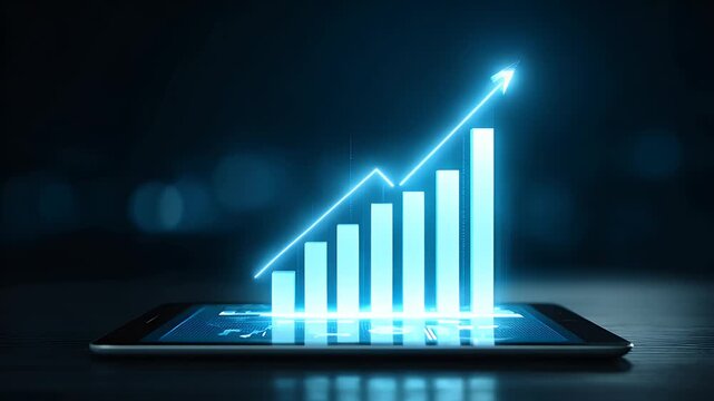 Digital graph on tablet screen showing upward trend of progress and success with arrow pointing up illustrating financial growth technology concept.
