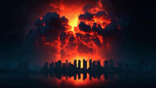 doom days ends of the world, nuclear war , fire bomb over urban city silhouette shadow 