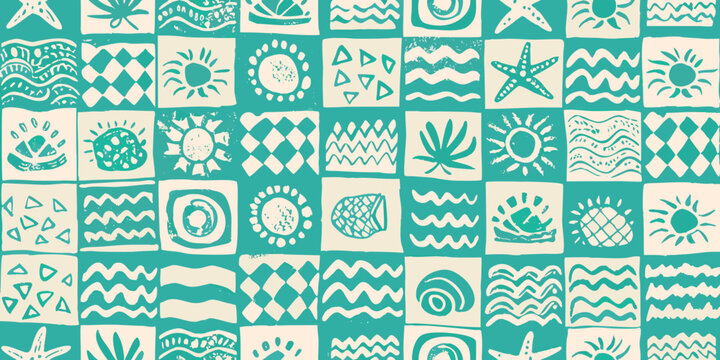 Seamless pattern with hand drawn teal and cream ocean themed motifs