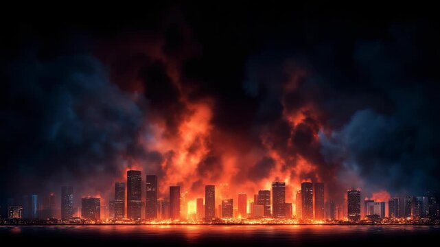 doom days ends of the world, nuclear war , fire bomb over urban city silhouette shadow