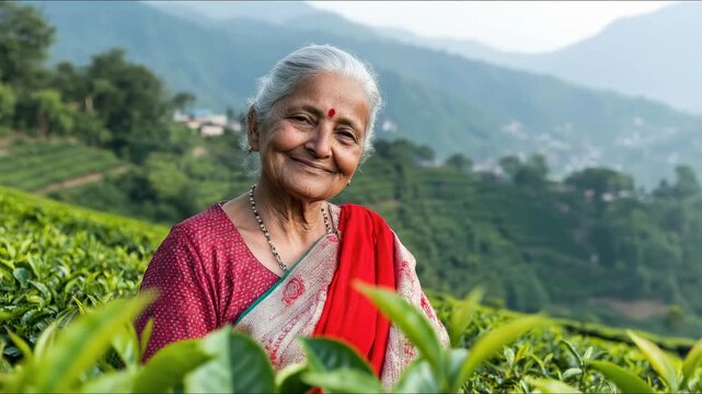 A cheerful senior Indian woman with a bindi smiles contentedly amidst vibrant green tea plants. Majestic mountain peaks rise behind the vast, verdant agricultural landscape.