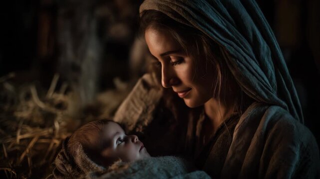Mary holding baby Jesus in warm sunset light. Peaceful, sacred scene symbolizing love, faith, and the nativity with a gentle golden glow.