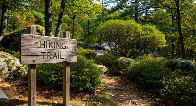 Rustic wooden hiking trail sign in lush green forest, weathered timber signage on woodland path, outdoor trekking route through sunny park