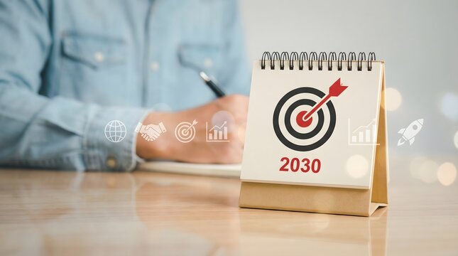 Business visionary planning goals with a target board for the year 2030