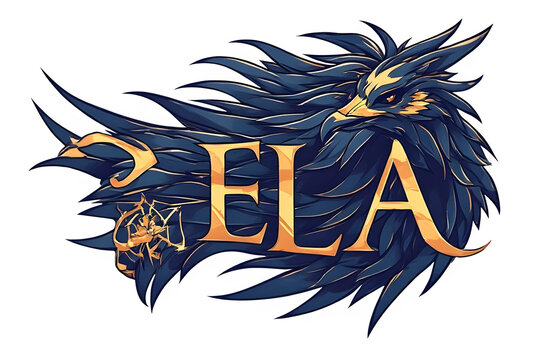 Bold Ela lettering integrated into a stylized blue phoenix-eagle illustration with gold accents,  ideal for gaming brands, fantasy logos, team crests, and decorative typography
